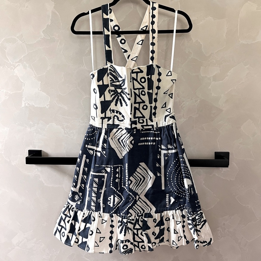 French Connection Geometric Linen Dress - Blue and White